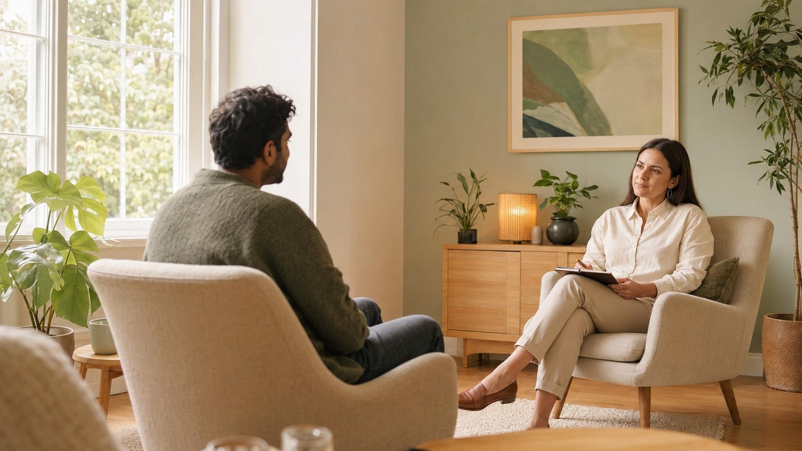 Therapist listening to a client in a calm counselling room