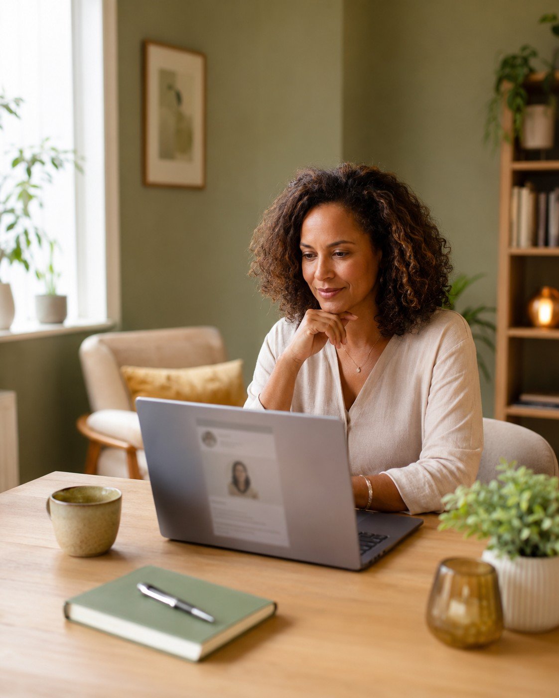 Therapist reviewing a professional profile on a laptop